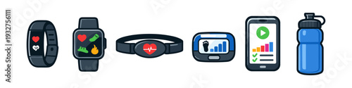 Collection of modern fitness tracking devices and accessories for a healthy lifestyle