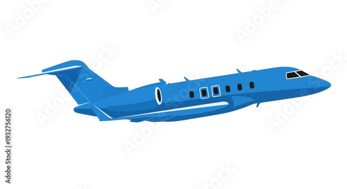 Blue private jet airplane flying isolated on white background