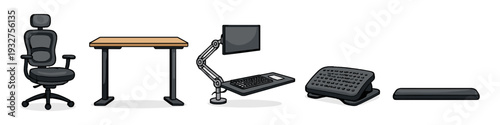 Ergonomic office furniture and computer accessories set for comfortable workspace