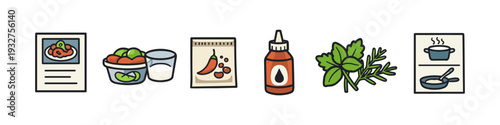Collection of icons representing ingredients and cooking steps for a recipe