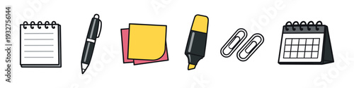 Collection of essential office supplies and stationery items for planning and organization