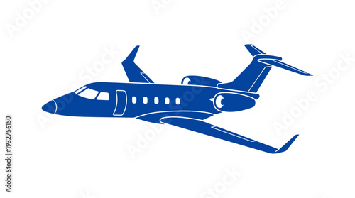 Blue private jet silhouette flying against white background