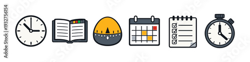 Collection of icons representing time management, planning, and productivity tools