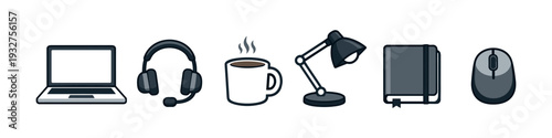 Collection of modern office and study icons including laptop, headphones, coffee, lamp, notebook, and mouse