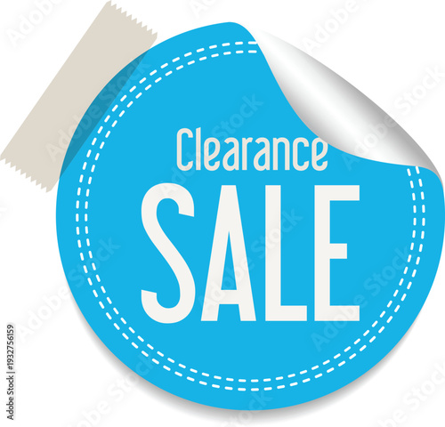 Blue sticker with white text reading clearance sale