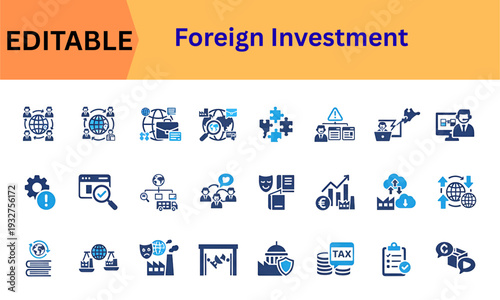 Foreign investment and global wealth management business icons set. Economic stability, offshore banking, investment tracking, profit growth, analysis