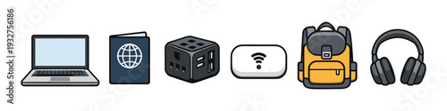 Collection of travel essentials including laptop, passport, adapter, and headphones