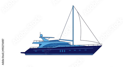 Blue Yacht with Sail on White Background