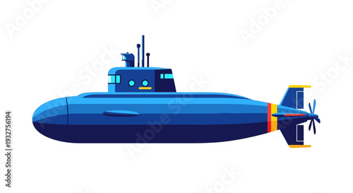 Blue submarine illustration with propeller and windows, isolated on white background