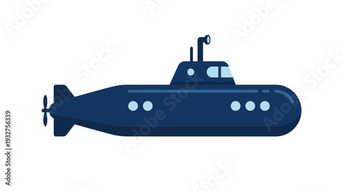 Dark blue submarine in profile, isolated on white background
