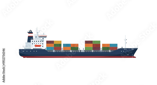 Container ship with cargo on white background