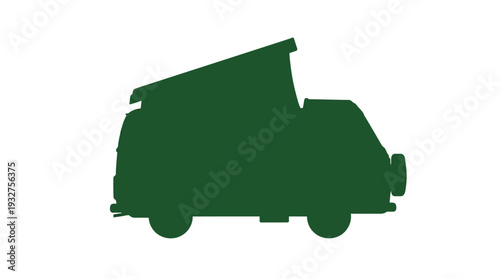 Green silhouette of a camper van with pop-up roof on white background