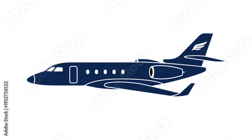 Modern dark blue private jet airplane illustration on white background