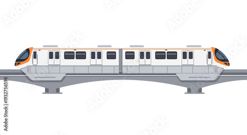 Modern Monorail Train on Elevated Track, White and Orange