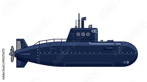 Navy blue submarine illustration on white background