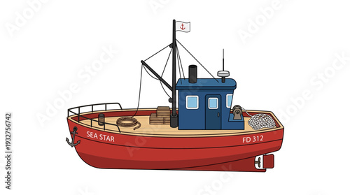 Red fishing trawler boat with blue cabin