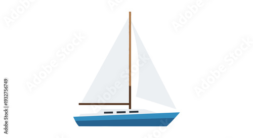 Sailing boat illustration with white sails and blue hull on white background
