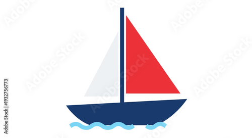 Simple cartoon sailboat with red and white sails on blue water