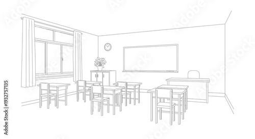 A simple line drawing of a classroom with desks a window and a whiteboard