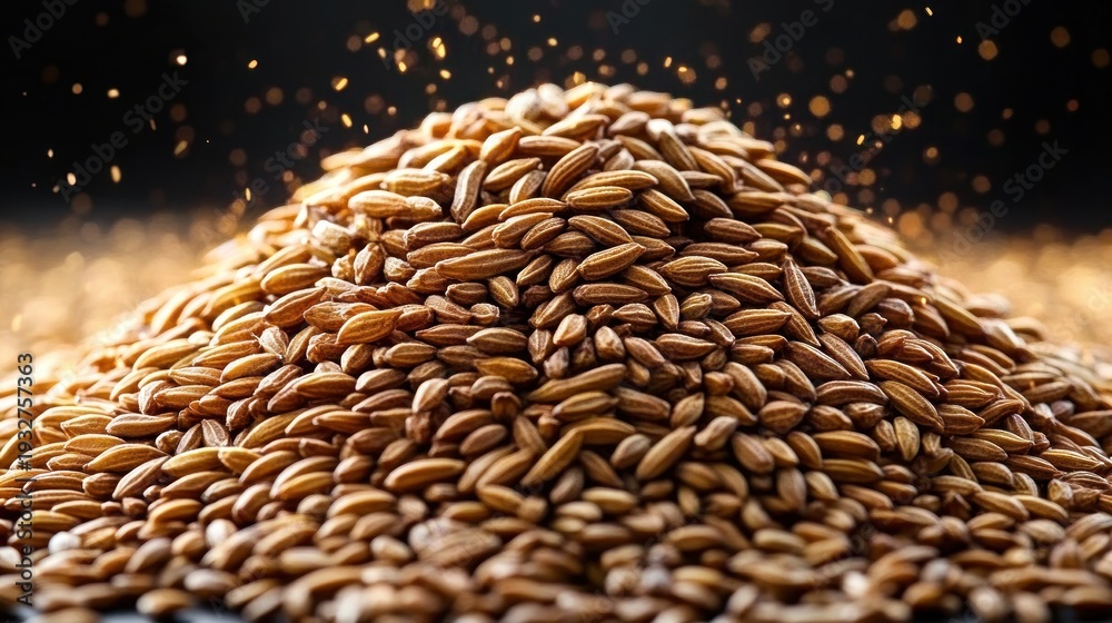 Obraz premium Close-up pile of golden cereal grains with falling kernels and warm glowing bokeh, evoking abundance and wholesome rustic warmth