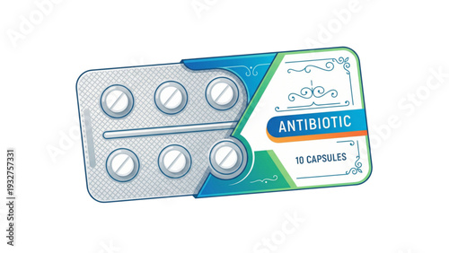 Antibiotic pill blister pack with ten capsules on white background  