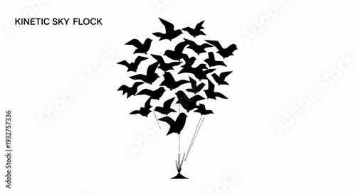 Silhouette flock of birds in dynamic flight against a white background