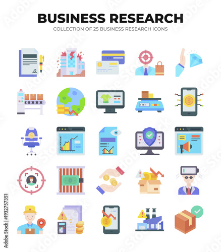 Collection of 25 Business Research Icons.  Visualizing Market Trends and Data Analysis