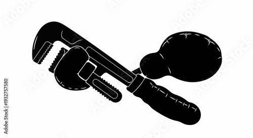 Plumber's wrench tool and a spherical object on a white background