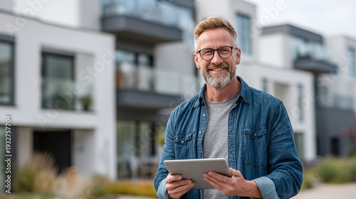 smiling realtor using tablet in front of modern house to explain property details home marketing and residential buying or selling process with digital business tools