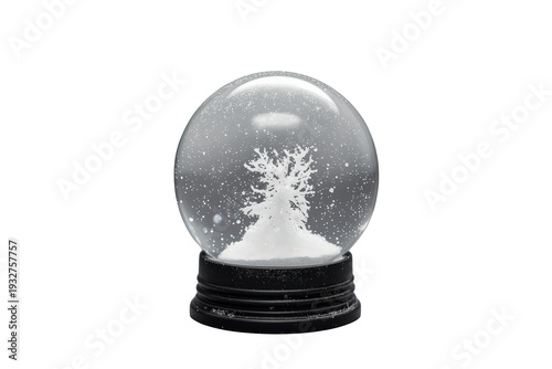 Snow globe with winter tree and falling snow, crystal ball and christmas holiday ornament in seasonal concept