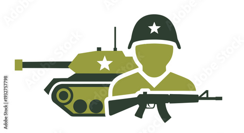 Military icon featuring a soldier tank and rifle in a flat design