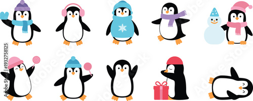 Cartoon penguin characters in winter clothing with hats, scarves, earmuffs, and festive accessories for holiday decoration, children’s materials, and seasonal illustration projects