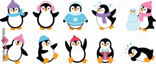Cartoon penguin characters in winter outfits with hats, scarves, earmuffs, sweaters, and festive accessories for seasonal decoration, holiday projects, and children’s illustrations