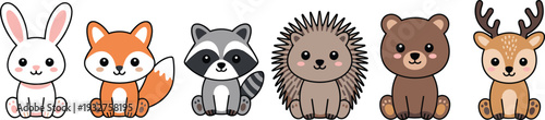 Cartoon woodland animals illustration featuring rabbit, fox, raccoon, porcupine, bear, and deer in cute stylized design for children’s books, education, and decorative concepts