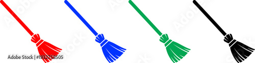 Broom stick icons in multiple colors for cleaning services and housework on transparent background