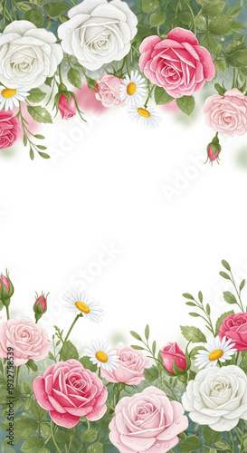 Elegant floral border with pink and white roses and daisies creating a charming design with ample copy space for personalized messages.