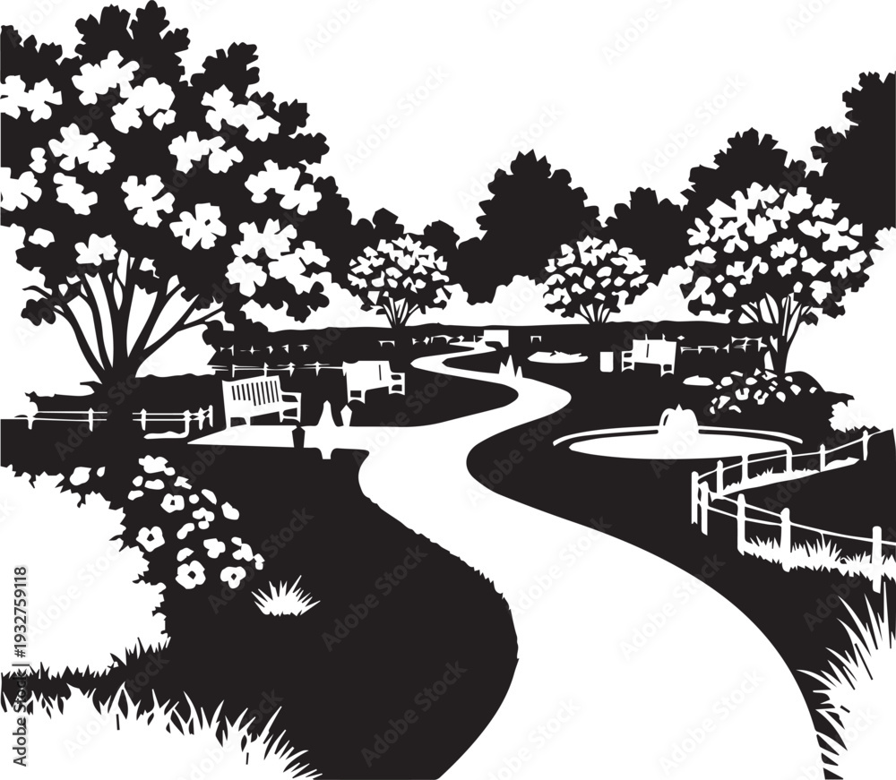 Obraz premium Park path silhouette vector illustration, trees, benches, fountain, outdoor scene line art