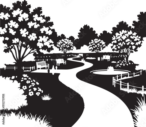 Park path silhouette vector illustration, trees, benches, fountain, outdoor scene line art