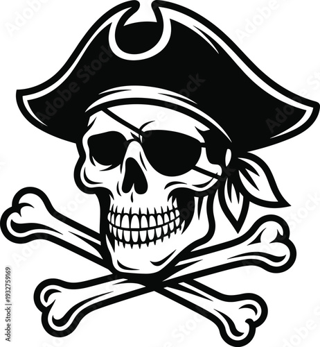 Black and white stylized vector illustration of pirate skull with tricorn hat eye patch bandana and crossed bones symbolizing Jolly Roger rebellion danger adventure artwork