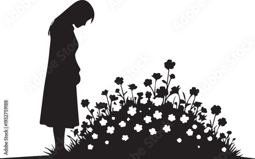 Sad woman standing by grave with flowers vector silhouette illustration line art