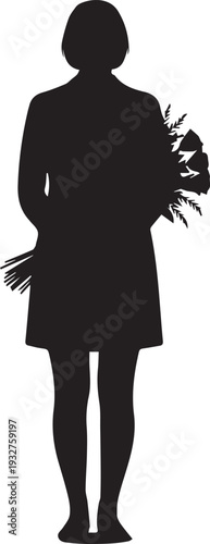 Woman holding flower bouquet vector silhouette illustration standing in full length pose