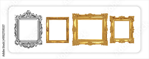 Vintage Picture Frames of Ornate Golden Picture Frames on White Background