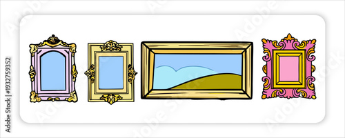 Vintage Picture Frames of Ornate Golden Picture Frames on White Background