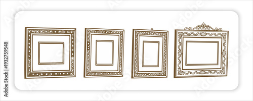 Vintage Picture Frames of Ornate Golden Picture Frames on White Background