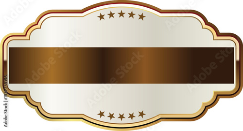 A gold and white label with a brown banner across it