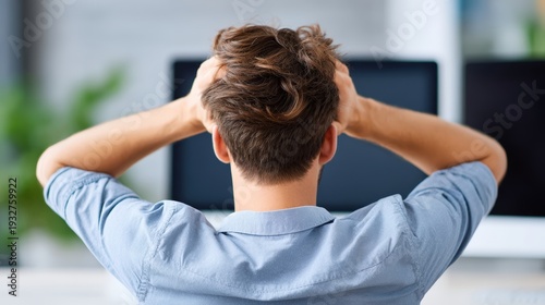 Young man with brown hair is sitting at a desk, holding his head in frustration while facing a computer screen in a modern office environment with blurred background