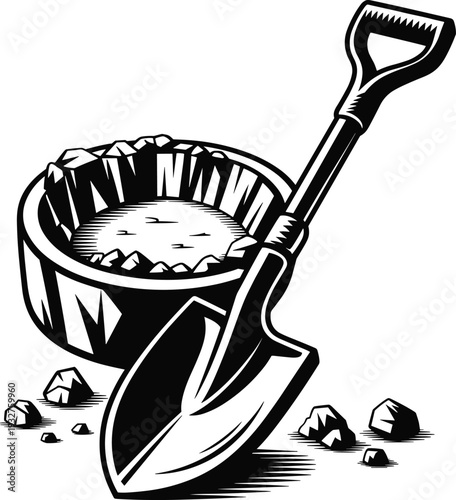 Black and white vector illustration of shovel leaning against container filled with rocks symbolizing mining excavation prospecting manual labor gold panning rustic outdoor work