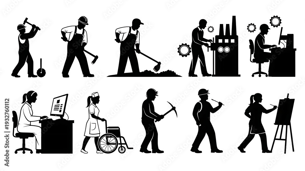 Obraz premium Silhouette of people working in various occupations isolated on transparent background