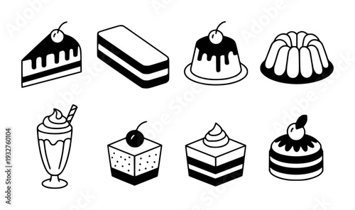 Black and White Dessert Featuring Cakes Pastries and Milkshake White Background pastry
