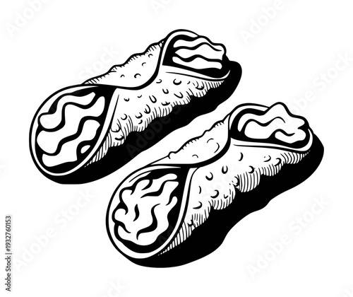 Black and white line of Italian cannoli pastries filled with cream pastry dessert